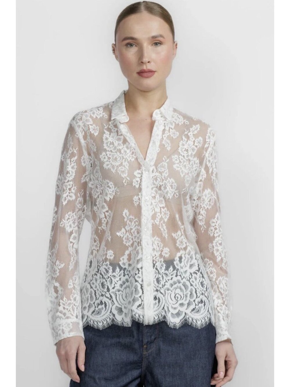 CISSA Women’s The Classic Shirt Lace Long Sleeve Button Up Blouse Top Med Ivory